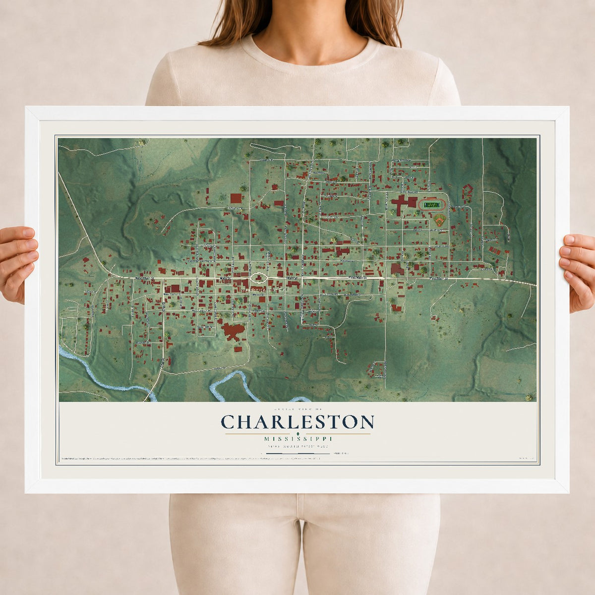 Map of Charleston, Mississippi, 18 x 24 inch print in a white wood frame