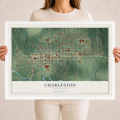 Map of Charleston, Mississippi, 18 x 24 inch print in a white wood frame