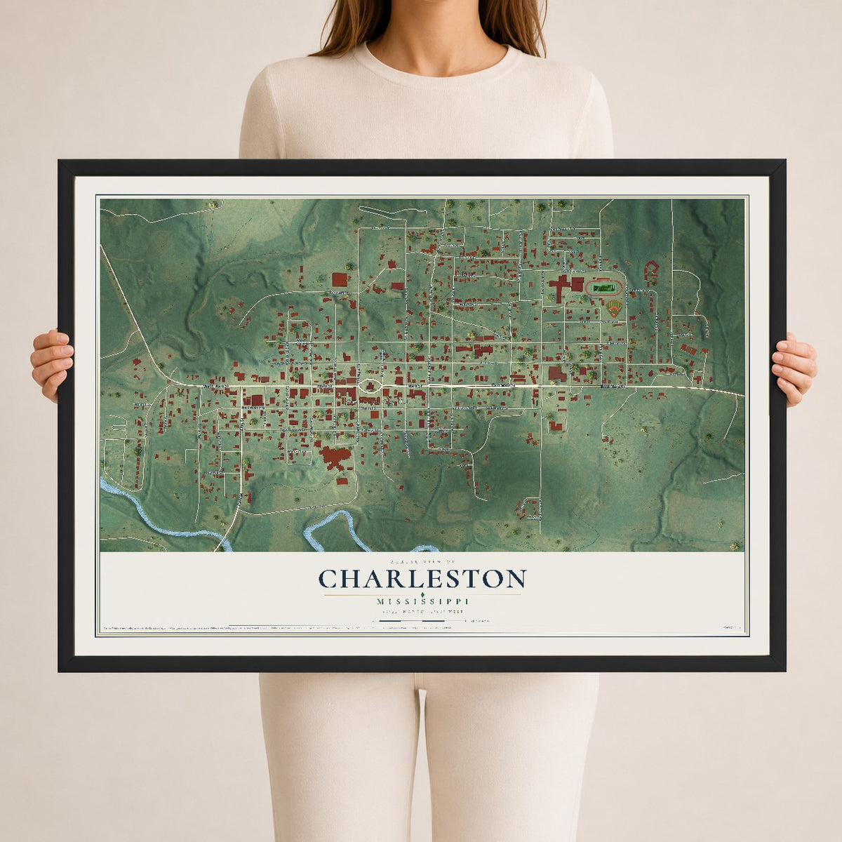 Map of Charleston, Mississippi, 24 x 36 inch print in a black wood frame