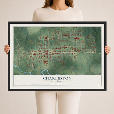 Map of Charleston, Mississippi, 24 x 36 inch print in a black wood frame