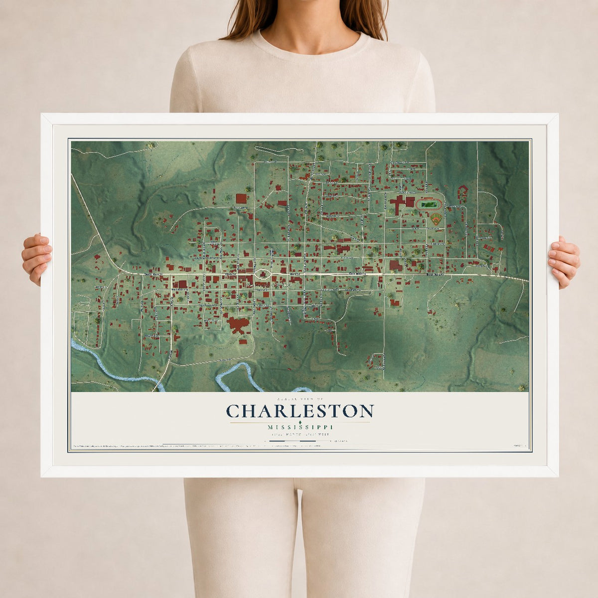 Map of Charleston, Mississippi, 24 x 36 inch print in a white wood frame