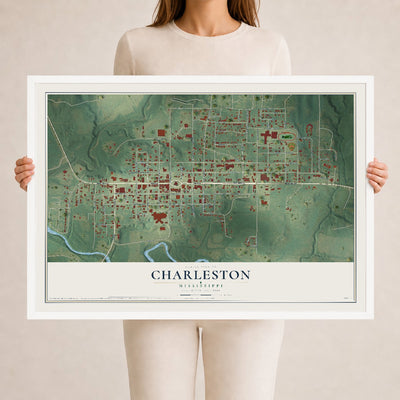 Map of Charleston, Mississippi, 24 x 36 inch print in a white wood frame