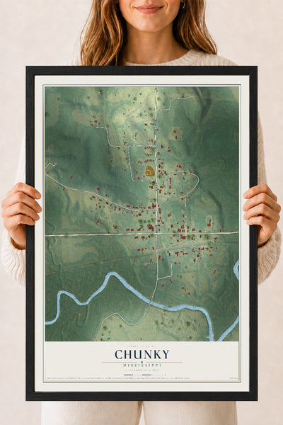 Map of Chunky, Mississippi, 18 x 24 inch print in a black wood frame
