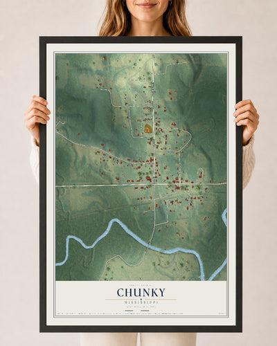 Map of Chunky, Mississippi, 24 x 36 inch print in a black wood frame