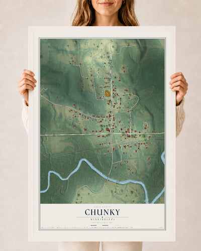 Map of Chunky, Mississippi, 24 x 36 inch print in a white wood frame