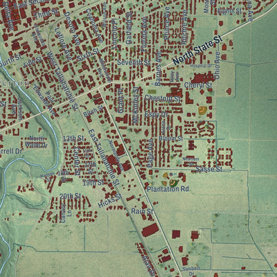 Close-up of the map of Clarksdale, Mississippi print showing street and building detail