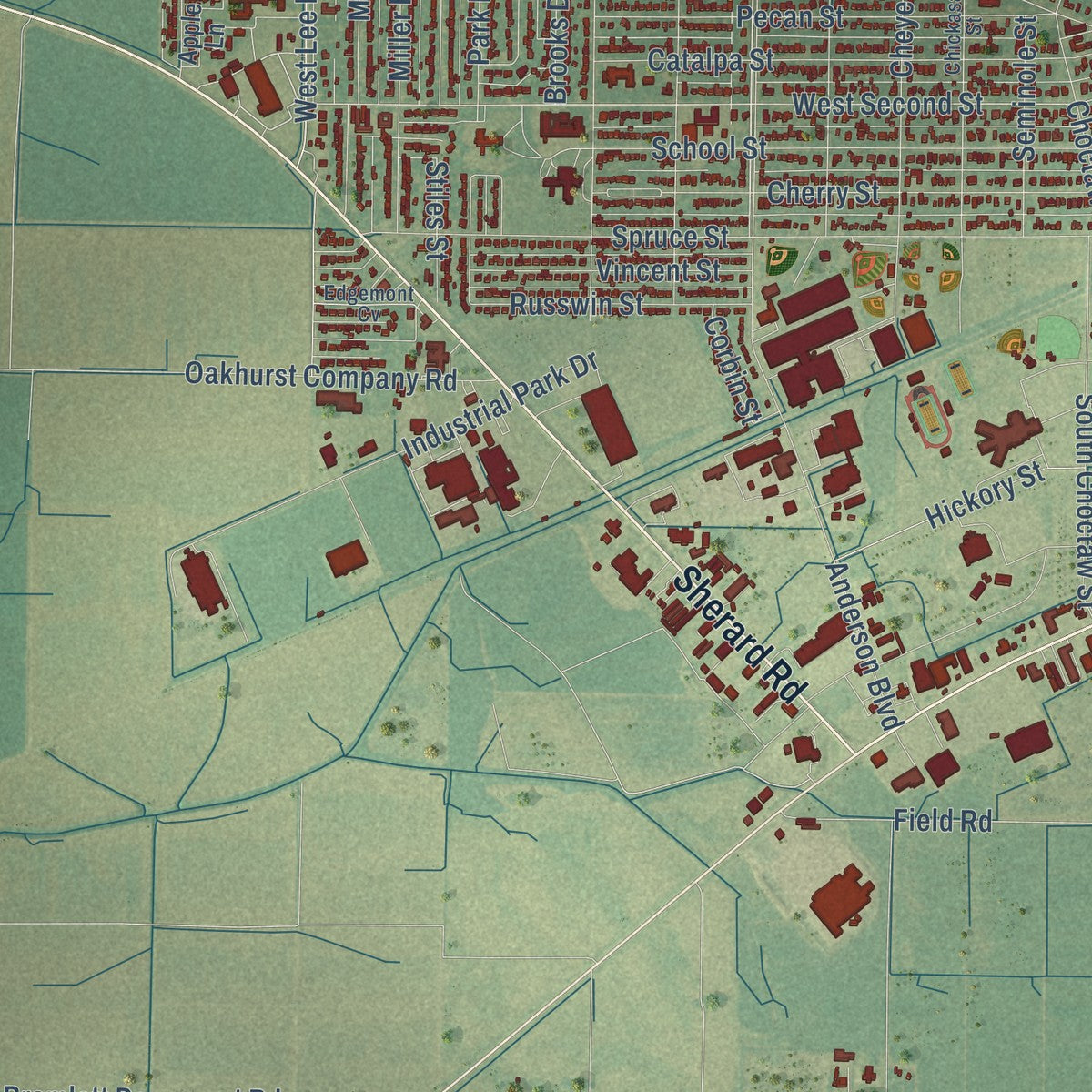 Second close-up of the map of Clarksdale, Mississippi print showing more streets and buildings