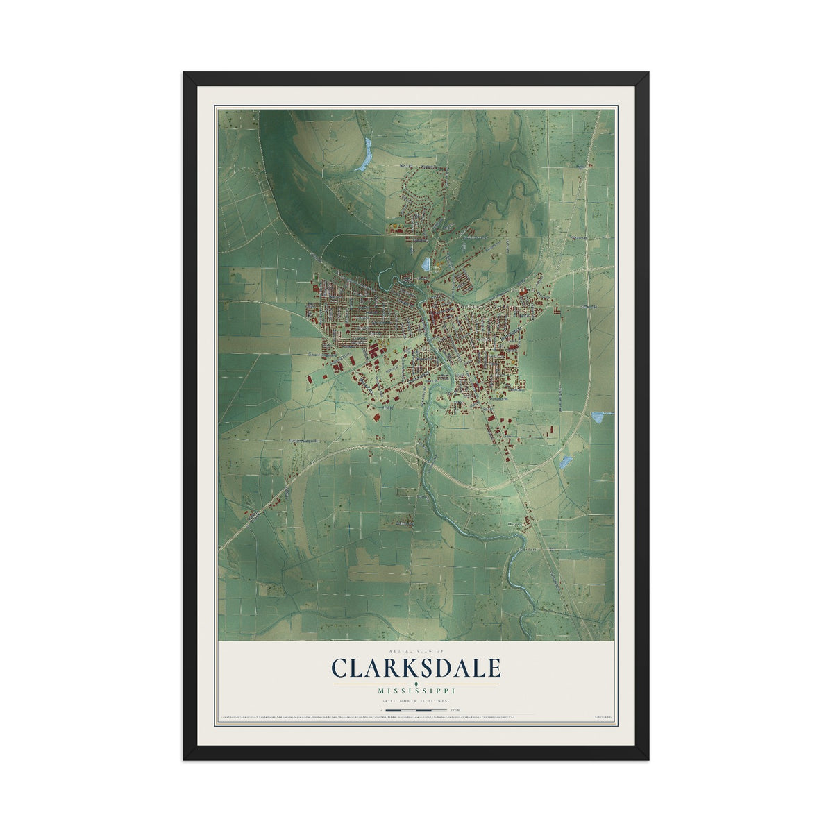 Map of Clarksdale, Mississippi, 12 x 18 inch print in a black wood frame