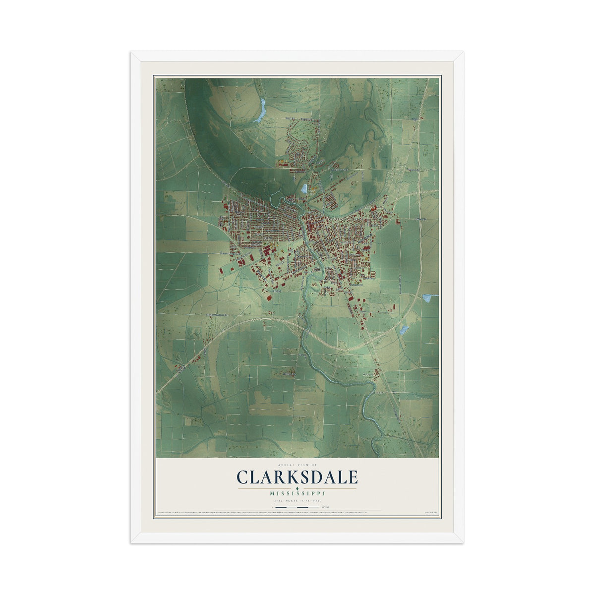 Map of Clarksdale, Mississippi, 12 x 18 inch print in a white wood frame