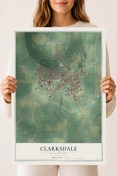 Map of Clarksdale, Mississippi, 18 x 24 inch unframed archival matte print