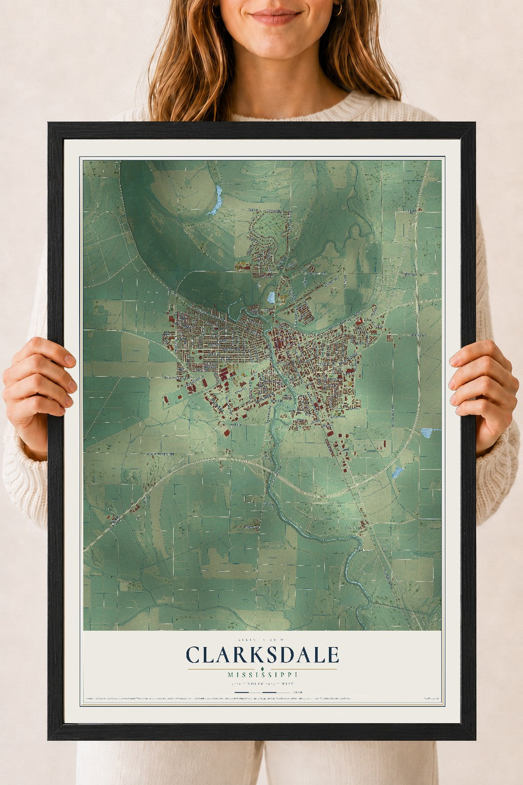 Map of Clarksdale, Mississippi, 18 x 24 inch print in a black wood frame