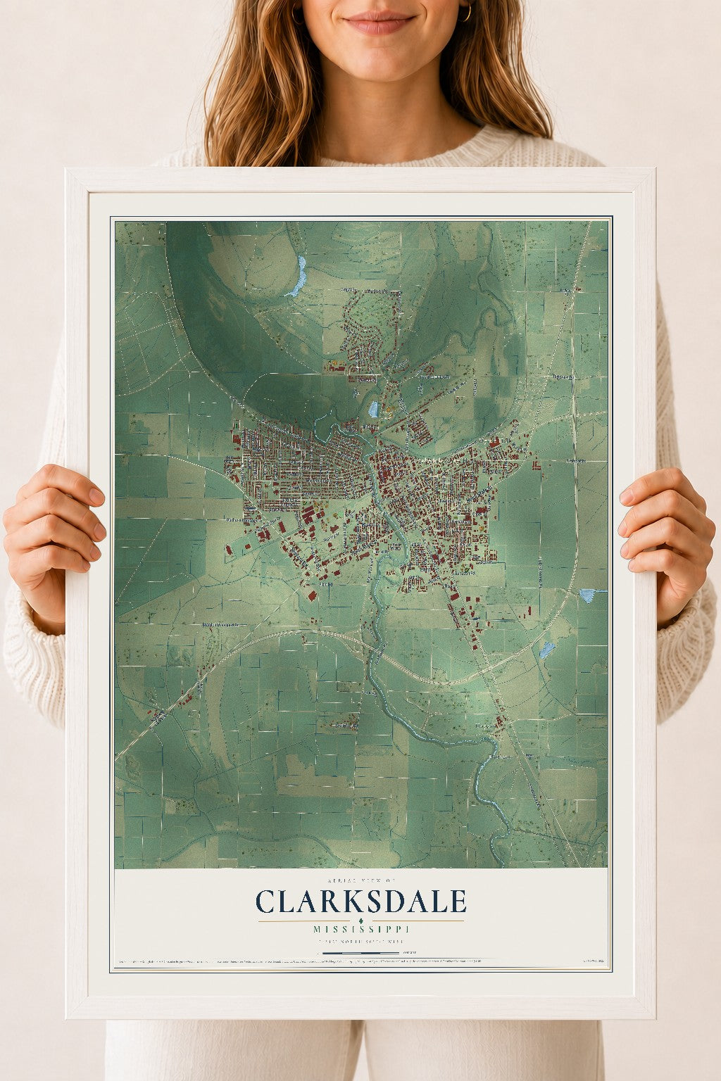 Map of Clarksdale, Mississippi, 18 x 24 inch print in a white wood frame