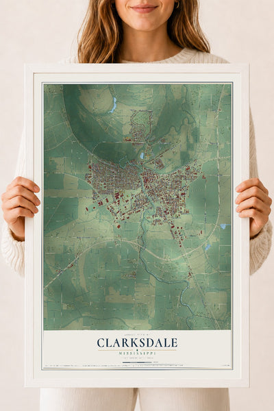 Map of Clarksdale, Mississippi, 18 x 24 inch print in a white wood frame