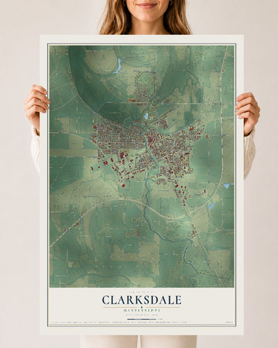 Map of Clarksdale, Mississippi, 24 x 36 inch unframed archival matte print