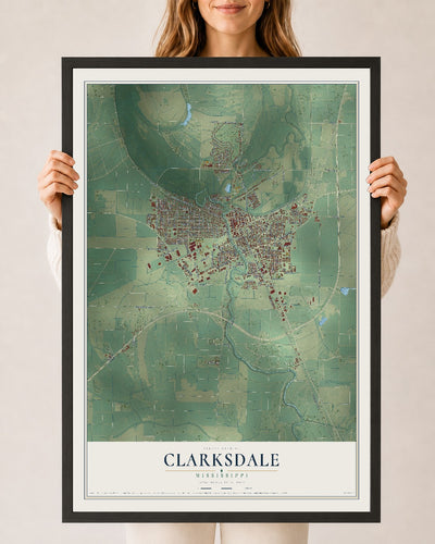 Map of Clarksdale, Mississippi, 24 x 36 inch print in a black wood frame