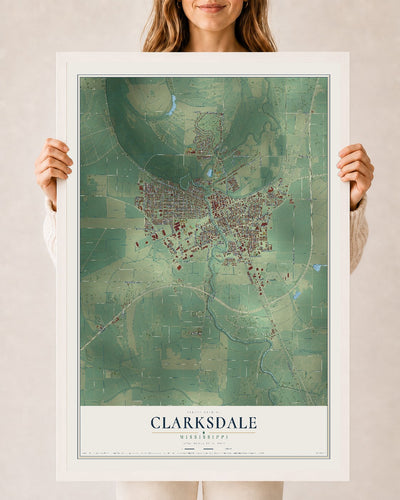 Map of Clarksdale, Mississippi, 24 x 36 inch print in a white wood frame