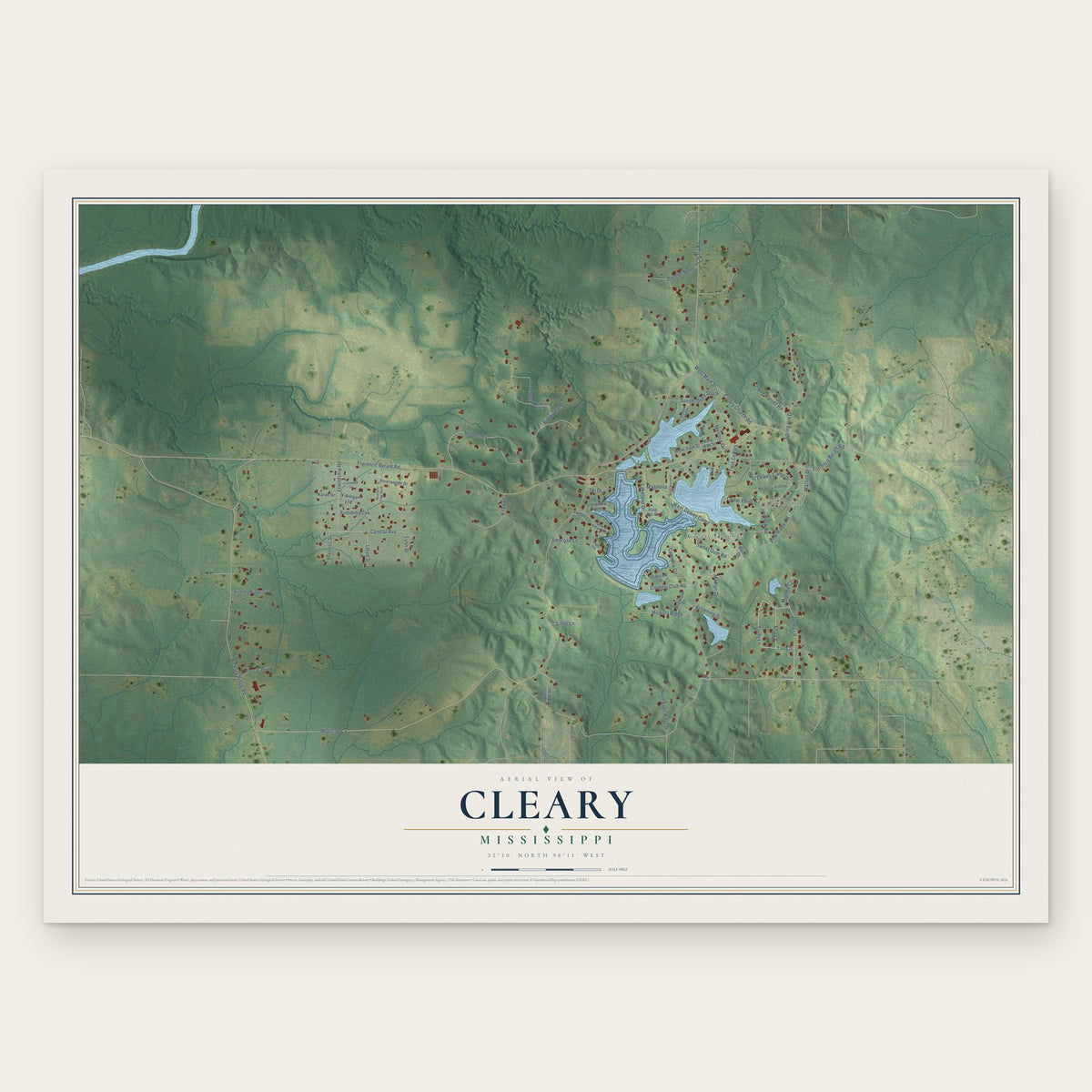 Cleary, Mississippi map print, the full design