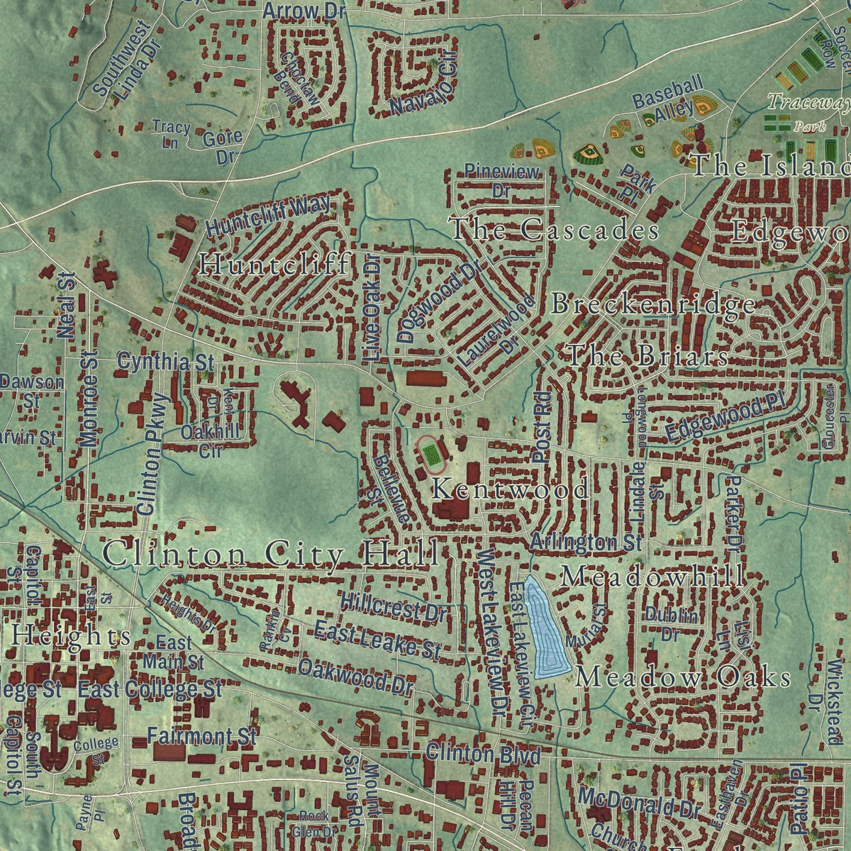 Close-up of the map of Clinton, Mississippi print showing street and building detail