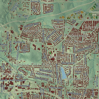 Close-up of the map of Clinton, Mississippi print showing street and building detail