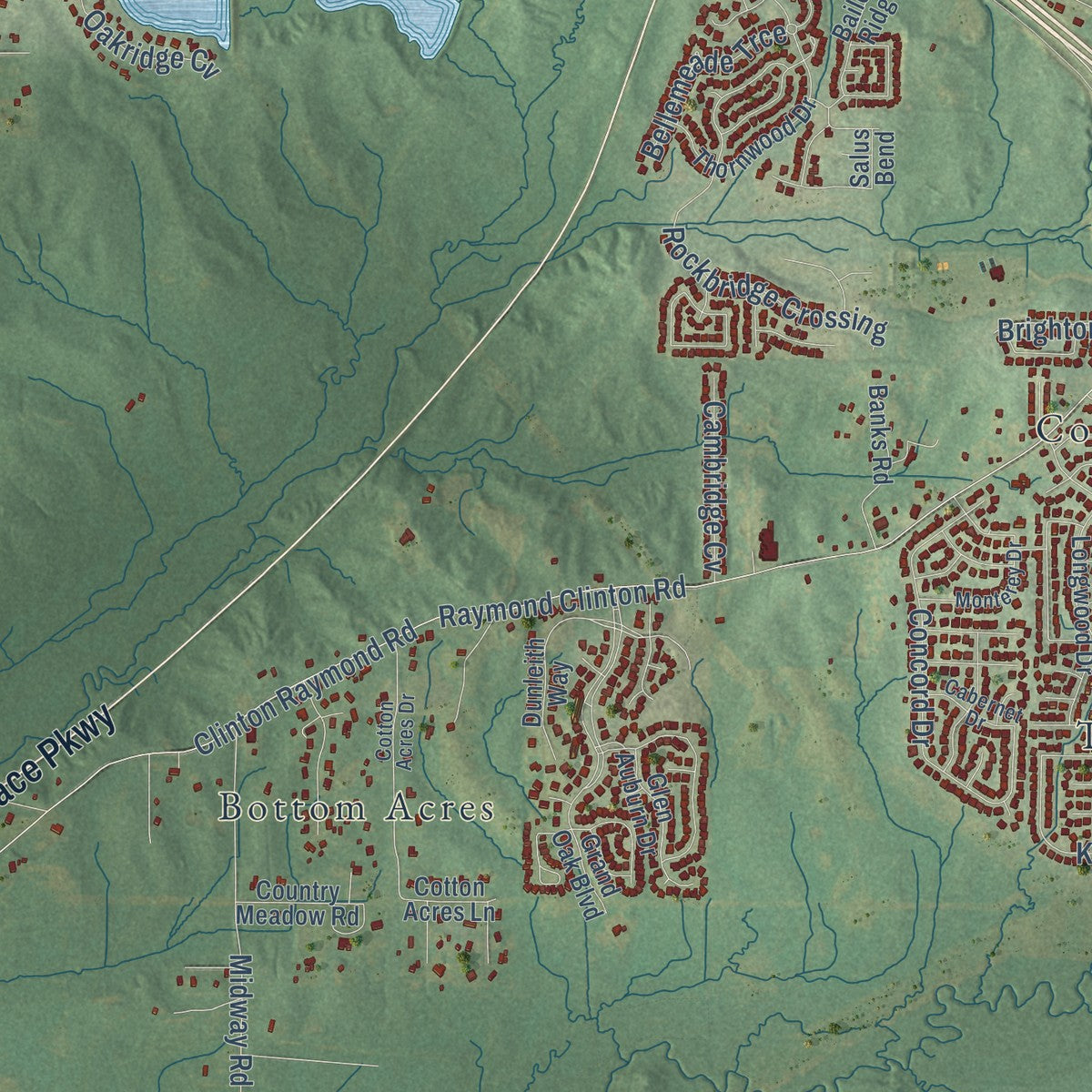 Second close-up of the map of Clinton, Mississippi print showing more streets and buildings