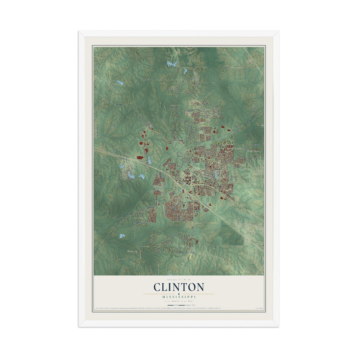 Map of Clinton, Mississippi, 12 x 18 inch print in a white wood frame