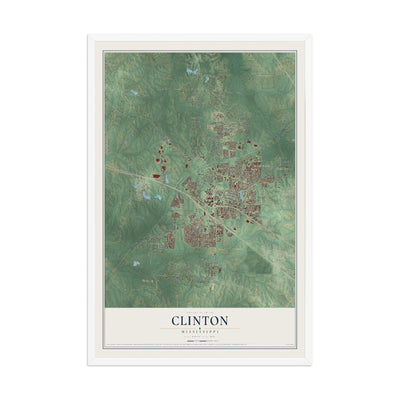 Map of Clinton, Mississippi, 12 x 18 inch print in a white wood frame