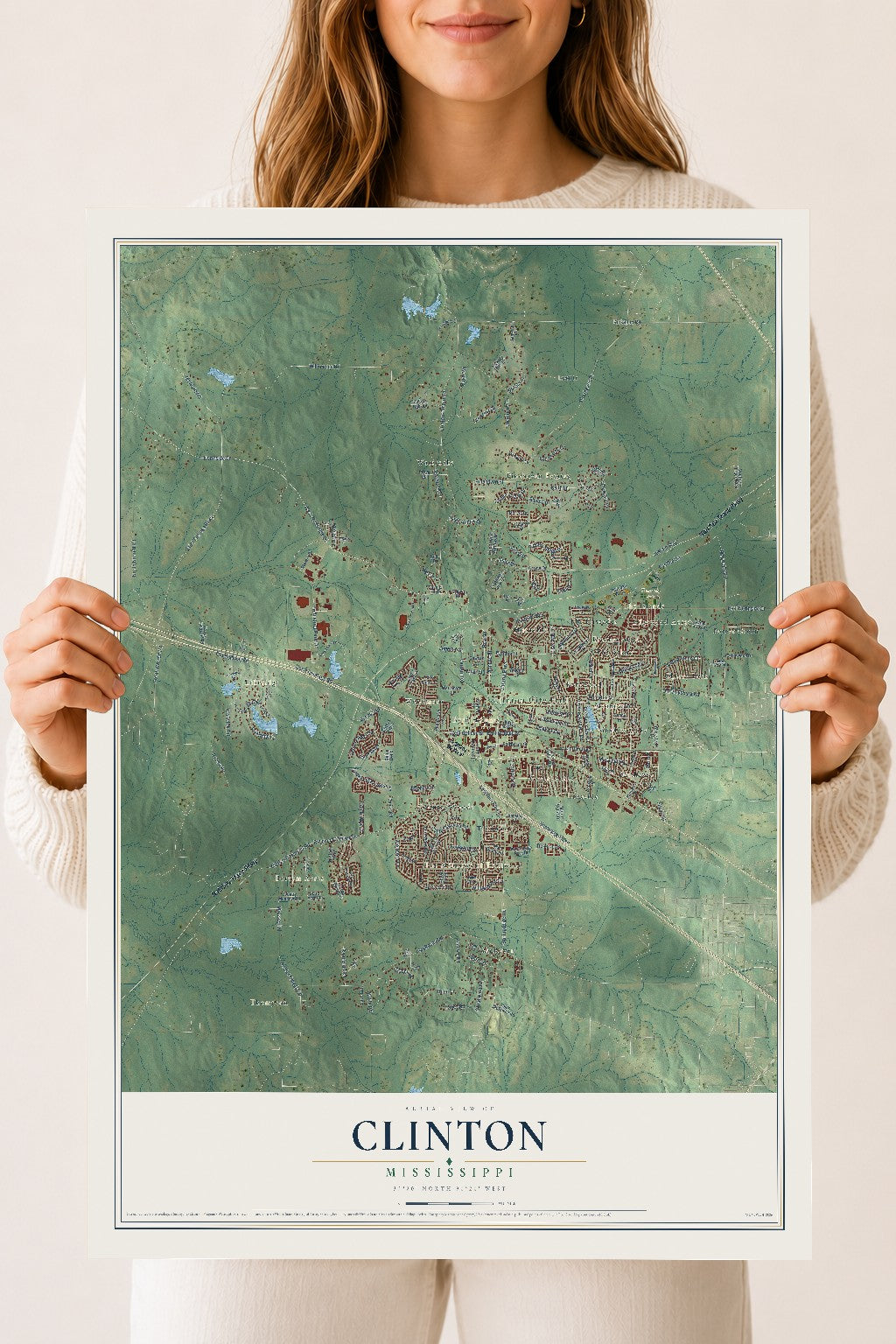 Map of Clinton, Mississippi, 18 x 24 inch unframed archival matte print