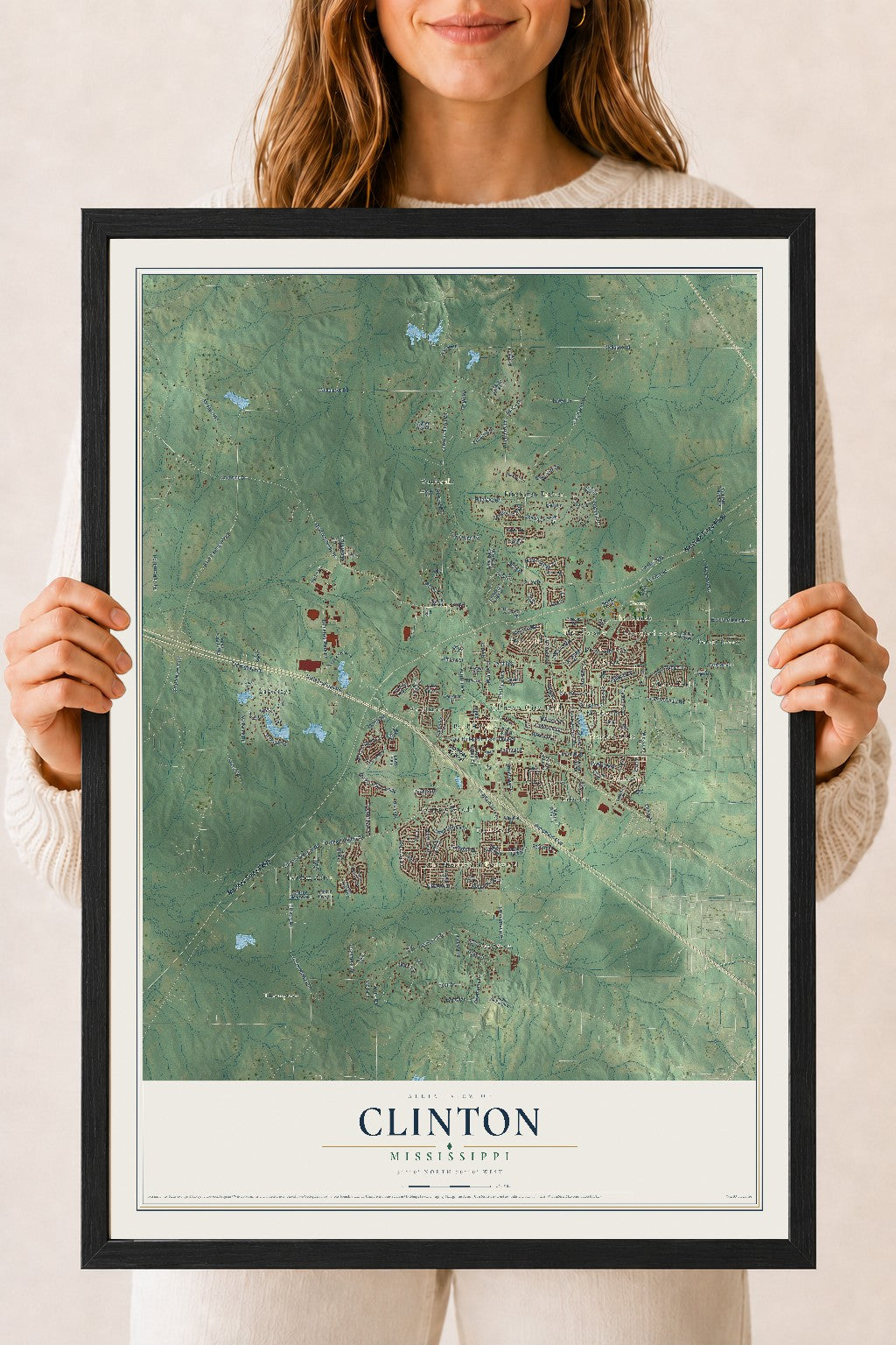 Map of Clinton, Mississippi, 18 x 24 inch print in a black wood frame