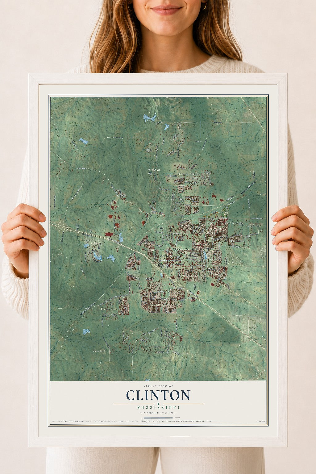 Map of Clinton, Mississippi, 18 x 24 inch print in a white wood frame