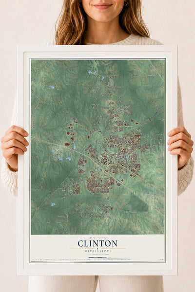 Map of Clinton, Mississippi, 18 x 24 inch print in a white wood frame