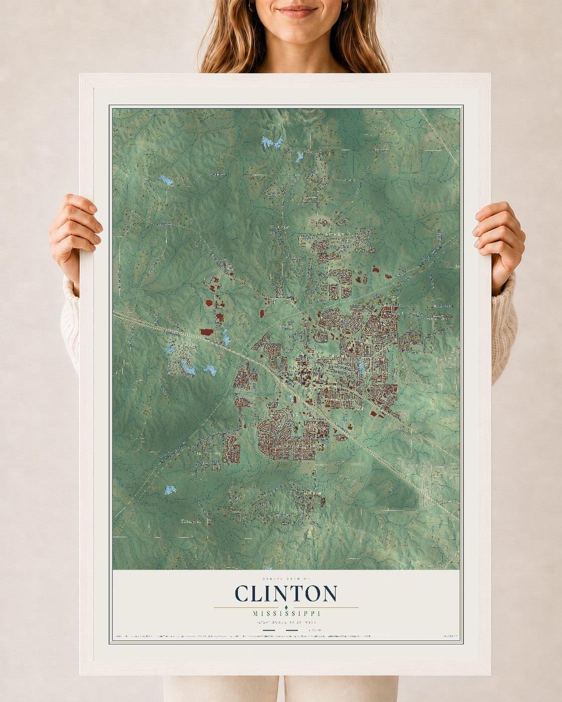 Map of Clinton, Mississippi, 24 x 36 inch print in a white wood frame