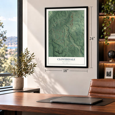 Cloverdale, Mississippi map, 18 x 24 inch print in a black frame in a home office