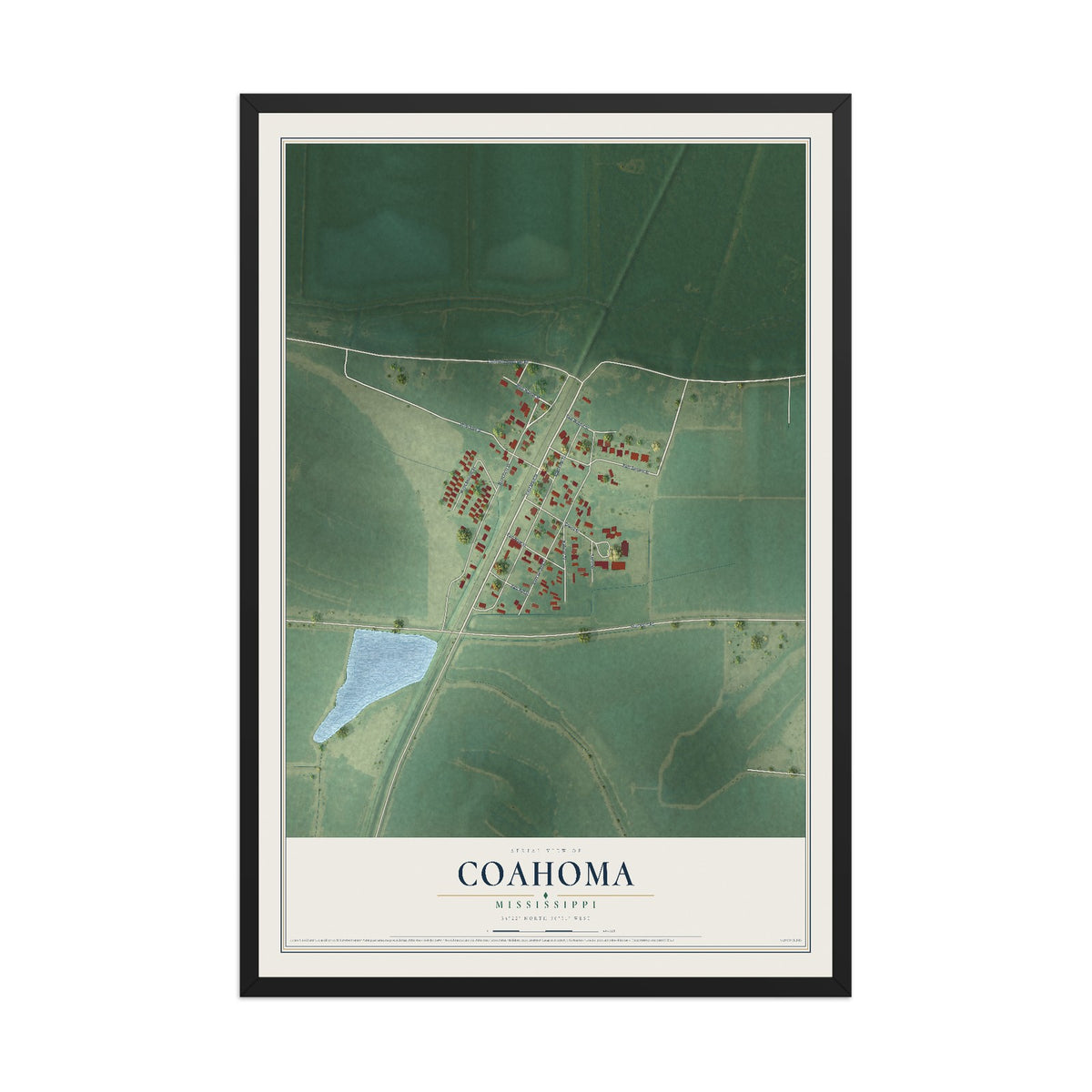 Map of Coahoma, Mississippi, 12 x 18 inch print in a black wood frame