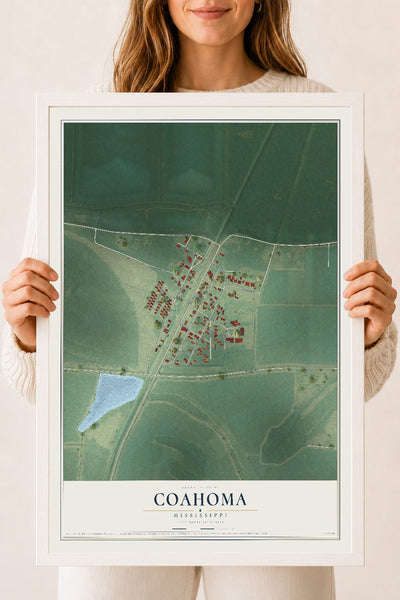 Map of Coahoma, Mississippi, 18 x 24 inch print in a white wood frame