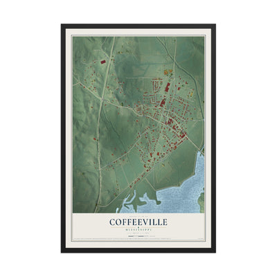 Map of Coffeeville, Mississippi, 12 x 18 inch print in a black wood frame