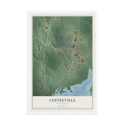 Map of Coffeeville, Mississippi, 12 x 18 inch print in a white wood frame