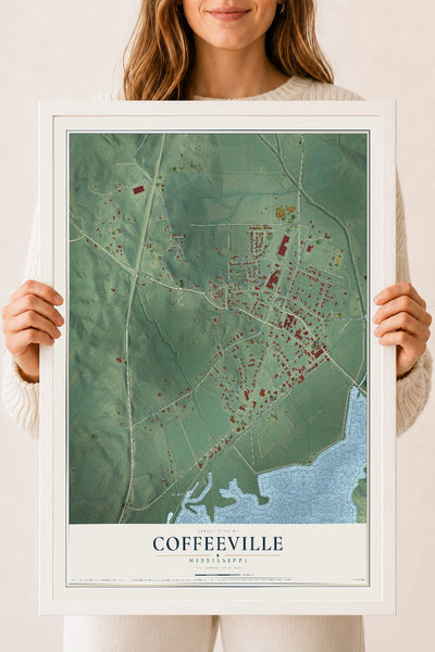 Map of Coffeeville, Mississippi, 18 x 24 inch print in a white wood frame