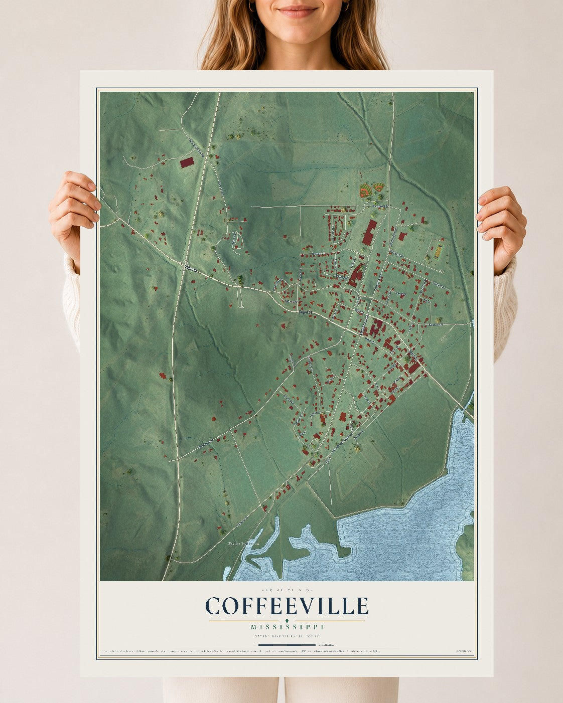 Map of Coffeeville, Mississippi, 24 x 36 inch unframed archival matte print