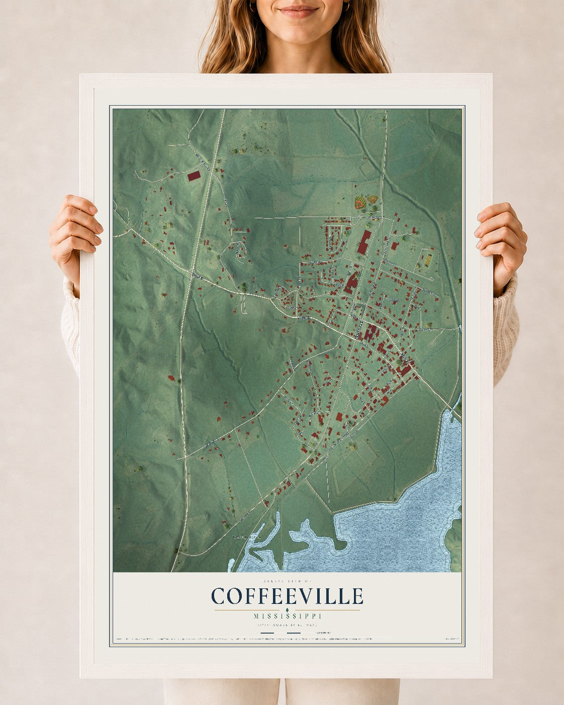 Map of Coffeeville, Mississippi, 24 x 36 inch print in a white wood frame