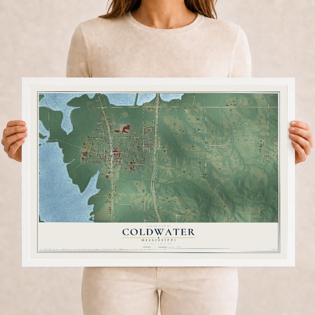 Map of Coldwater, Mississippi, 12 x 18 inch print in a white wood frame
