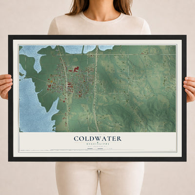 Map of Coldwater, Mississippi, 18 x 24 inch print in a black wood frame