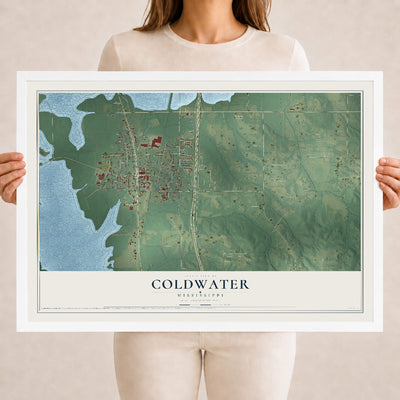 Map of Coldwater, Mississippi, 18 x 24 inch print in a white wood frame