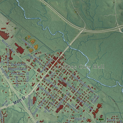 Close-up of the map of Collins, Mississippi print showing street and building detail
