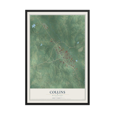 Map of Collins, Mississippi, 12 x 18 inch print in a black wood frame