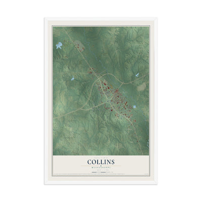 Map of Collins, Mississippi, 12 x 18 inch print in a white wood frame