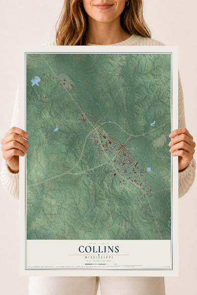 Map of Collins, Mississippi, 18 x 24 inch unframed archival matte print