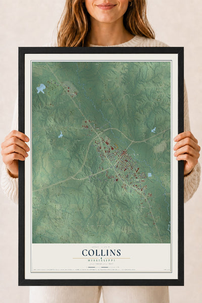 Map of Collins, Mississippi, 18 x 24 inch print in a black wood frame