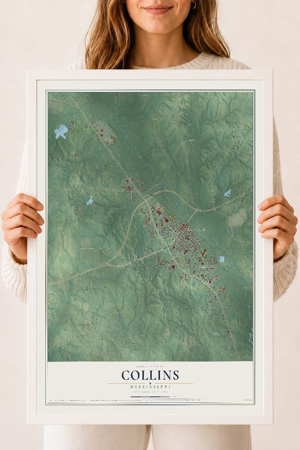 Map of Collins, Mississippi, 18 x 24 inch print in a white wood frame