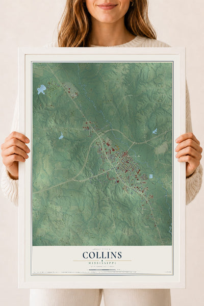 Map of Collins, Mississippi, 18 x 24 inch print in a white wood frame