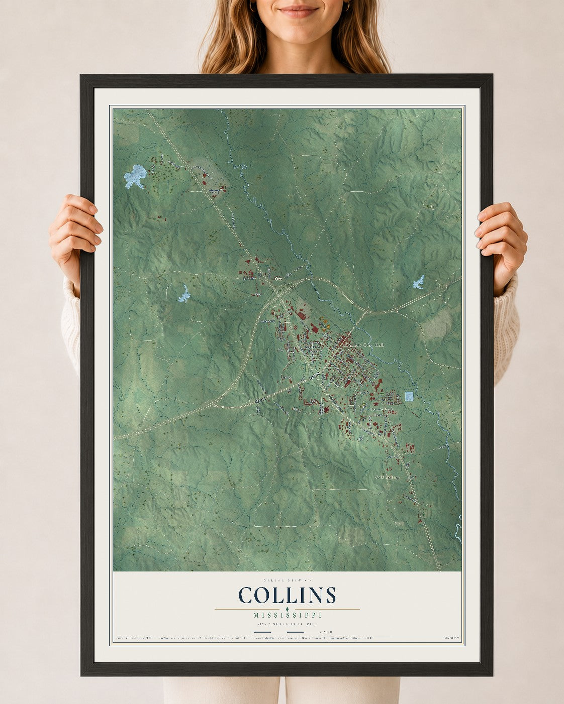 Map of Collins, Mississippi, 24 x 36 inch print in a black wood frame